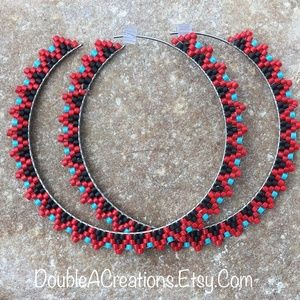 ⚜️ Red and Turquoise Beaded Hoops